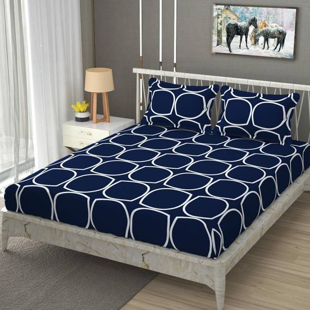ananddecorhubs Cotton Queen Fitted (Elastic) 244 TC Geometric 1 Bedsheet with 2 Pillow Covers