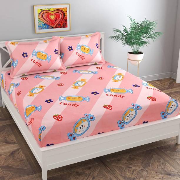 HOMYBEES 220 TC Cotton Double Cartoon Fitted (Elastic) Bedsheet