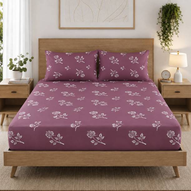 Amrange Cotton King Fitted (Elastic) 170 TC Floral 1 Bedsheet with 2 Pillow Covers