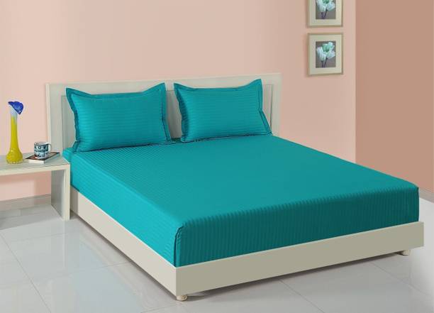 SWAYAM Cotton Queen Fitted (Elastic) 400 TC Striped 1 Bedsheet with 2 Pillow Covers