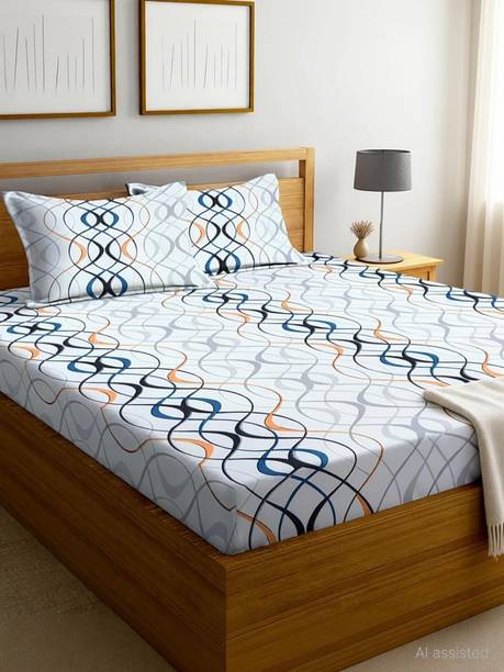 Fashancy Cotton Queen Fitted (Elastic) 300 TC Geometric 1 Bedsheet with 2 Pillow Covers