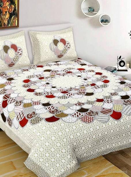 Manshar Cotton Double Flat 144 TC Jaipuri Prints 1 Bedsheet with 2 Pillow Covers