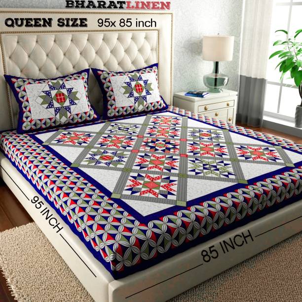BharatLinen 144 TC Cotton Queen Jaipuri Prints Flat Bedsheet