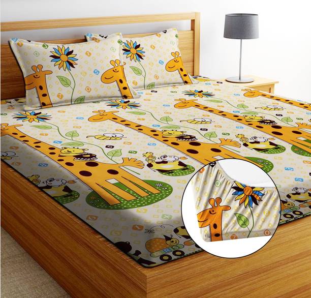 EXFAB Cotton Double Fitted (Elastic) 240 TC Printed 1 Bedsheet with 2 Pillow Covers