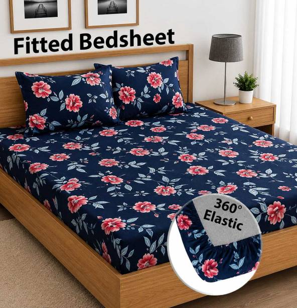 frisly Velvet, Woolen Double Fitted (Elastic) 300 TC Printed 1 Winter Bedsheet with 2 Pillow Covers