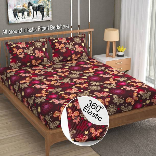 LA VERNE 144 TC Cotton Double Jaipuri Prints Fitted (Elastic) Bedsheet