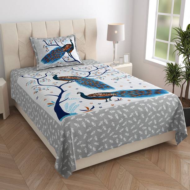 Monik Handicrafts Cotton Single Flat 160 TC Jaipuri Prints 1 Bedsheet with 2 Pillow Covers