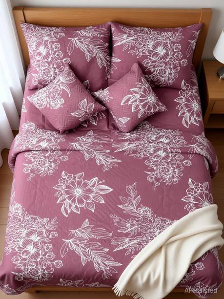 CLOVIS KRAFTS Cotton Double Flat 300 TC Floral 1 Bedsheet with 2 Pillow Covers, 2 Cushion Covers