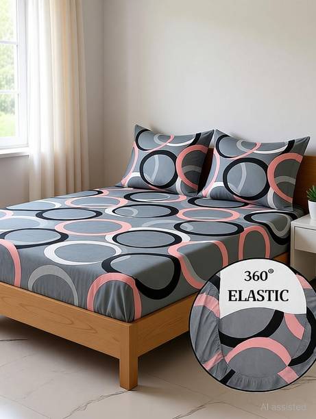 FeatherFold Cotton Double Fitted (Elastic) 180 TC Floral 1 Bedsheet with 2 Pillow Covers