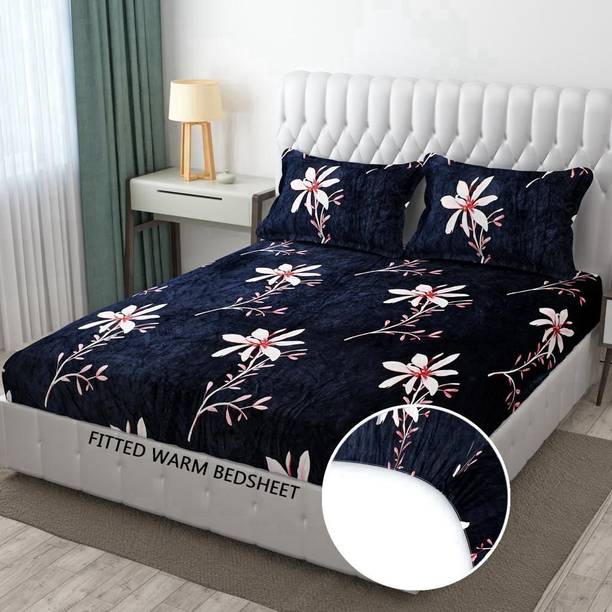 EXFAB Woolen King Fitted (Elastic) 354 TC Printed Bedsheet