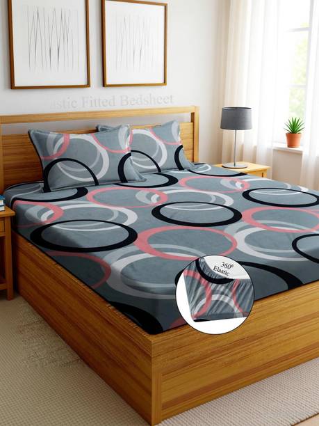 Home Garage Cotton Double Fitted (Elastic) 210 TC Self Design 1 Bedsheet with 2 Pillow Covers
