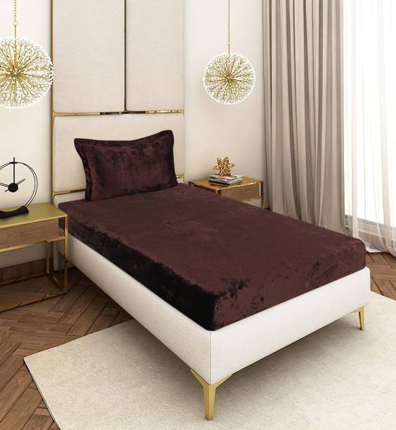 CRAFTEAL Velvet Single Fitted (Elastic) 300 TC Solid 1 Bedsheet with 2 Pillow Covers