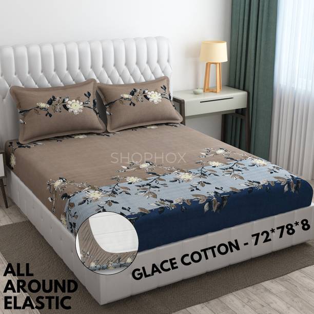 SHOPHOX 210 TC Cotton Double, King Printed Fitted (Elastic) Bedsheet