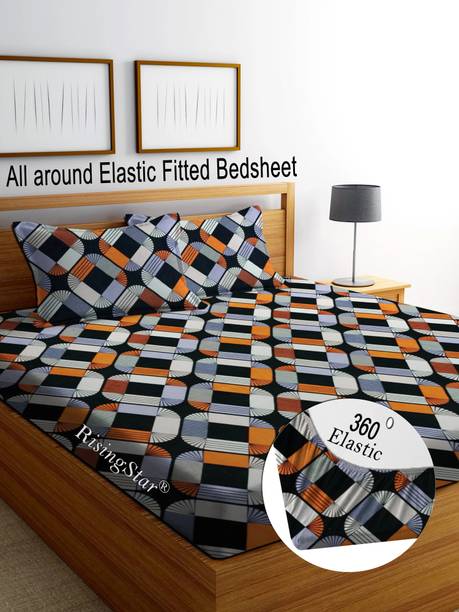 RisingStar Cotton King Fitted (Elastic) 250 TC Striped 1 Bedsheet with 2 Pillow Covers