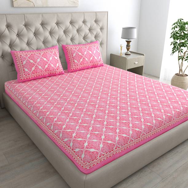 JR CLUB Cotton Double Flat 144 TC Jaipuri Prints 1 Bedsheet with 2 Pillow Covers