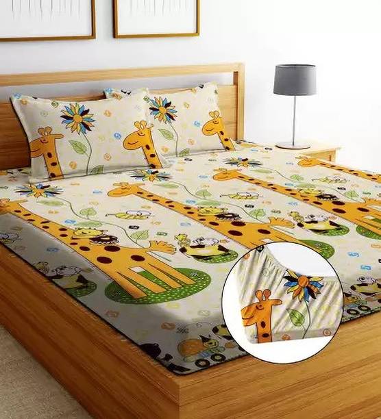 BEDORISM 260 TC Cotton King Printed Fitted (Elastic) Bedsheet