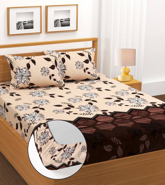 BLUEDOT Cotton King Fitted (Elastic) 180 TC Floral 1 Bedsheet with 2 Pillow Covers