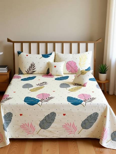 New Click Shop Cotton Double Flat 280 TC Floral 1 Bedsheet with 2 Pillow Covers, 2 Cushion Covers