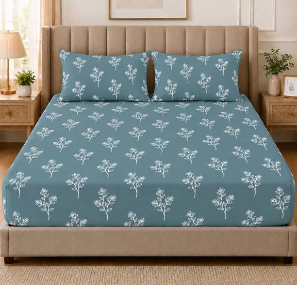 Amrange Cotton Double, King Fitted (Elastic) 210 TC Floral 1 Bedsheet with 2 Pillow Covers