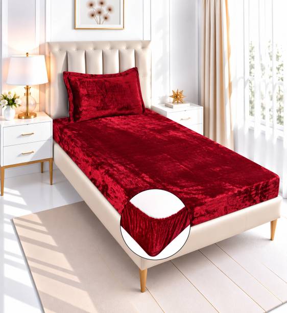 RIBU Velvet Single Fitted (Elastic) 210 TC Solid 1 Winter Bedsheet