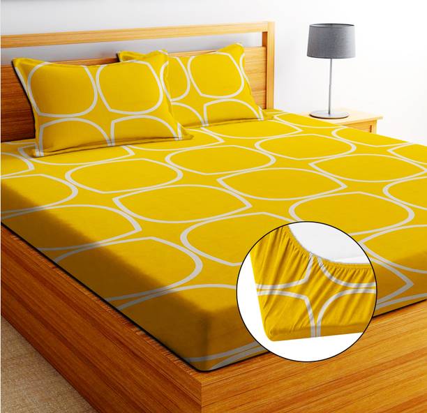 EXFAB Cotton Double Fitted (Elastic) 240 TC Printed 1 Bedsheet with 2 Pillow Covers