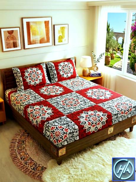H A MOSARI CENTRE Polycotton Double Flat 250 TC Mandala 1 AC Bedsheet with 2 Pillow Covers