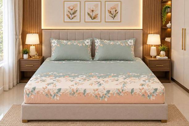 EXFAB Cotton King Fitted (Elastic) 244 TC Printed 1 Summer Bedsheet with 2 Pillow Covers