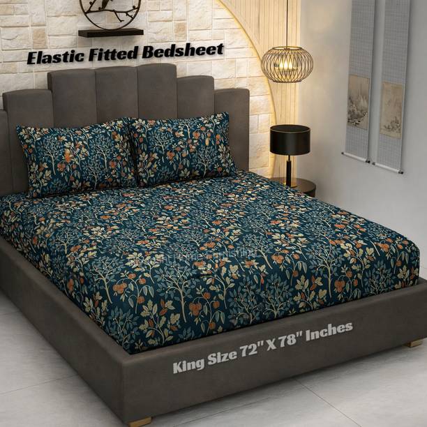 HIYANSHI HOME FURNISHING Cotton King Fitted (Elastic) 250 TC Floral Bedsheet