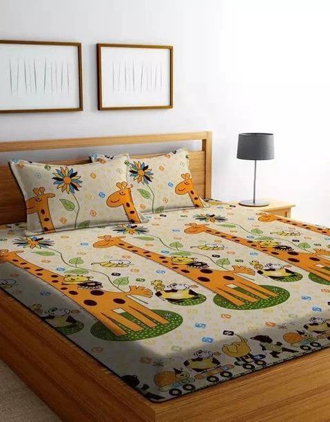 ananddecorhubs Cotton Queen Fitted (Elastic) 244 TC Animal 1 Bedsheet with 2 Pillow Covers