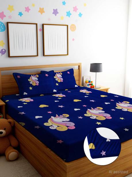EXFAB Cotton King Fitted (Elastic) 244 TC Cartoon 1 Bedsheet with 2 Pillow Covers