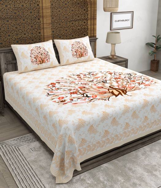 CLOTHOLOGY Cotton King Flat 240 TC Jaipuri Prints 1 Bedsheet with 2 Pillow Covers