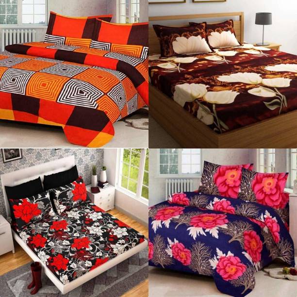 Sodha Collections Polycotton Double Flat 144 TC Floral 4 Bedsheets with 8 Pillow Covers