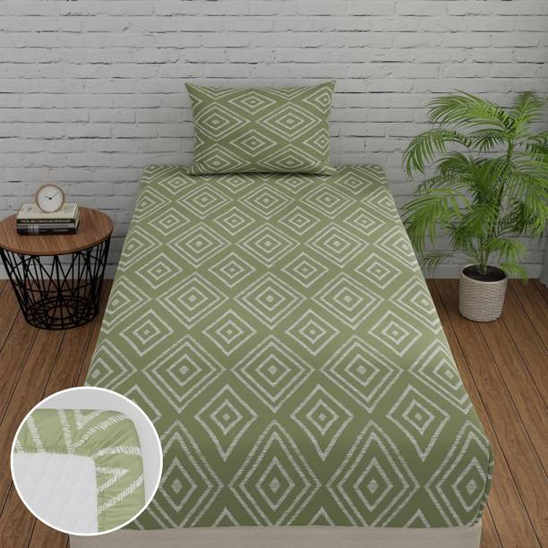 Huesland Cotton Single Fitted (Elastic) 144 TC Geometric Bedsheet