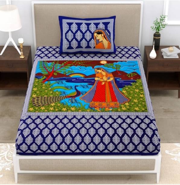 KAANY FAB 144 TC Cotton Single Jaipuri Prints Flat Bedsheet