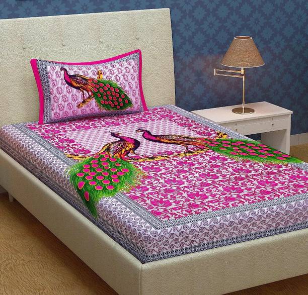 Homeline Cotton Single Flat 144 TC Jaipuri Prints 1 Bedsheet with 2 Pillow Covers