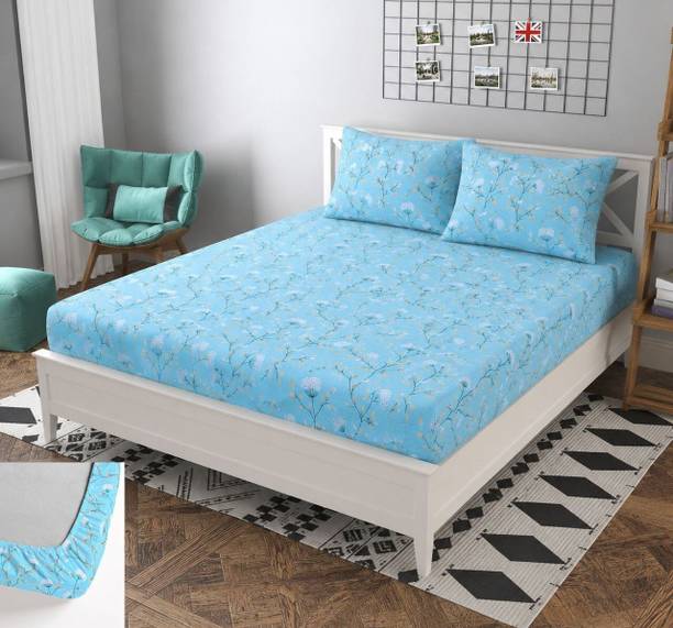 BLUEDOT Cotton Double Fitted (Elastic) 200 TC Printed 1 Summer Bedsheet with 2 Pillow Covers