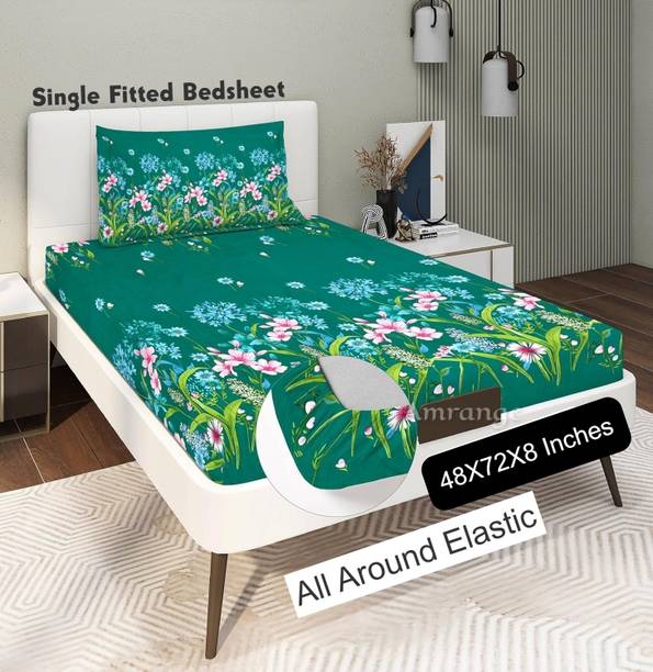 Amrange 190 TC Cotton Single Floral Fitted (Elastic) Bedsheet