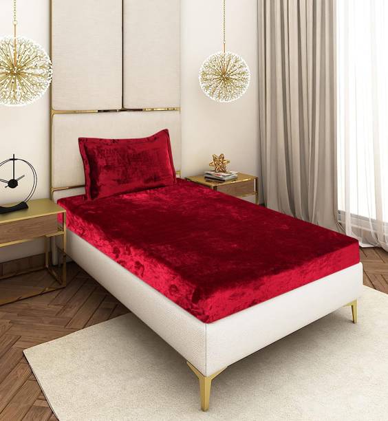 CRAFTEAL Velvet Single Fitted (Elastic) 300 TC Solid 1 Bedsheet with 2 Pillow Covers