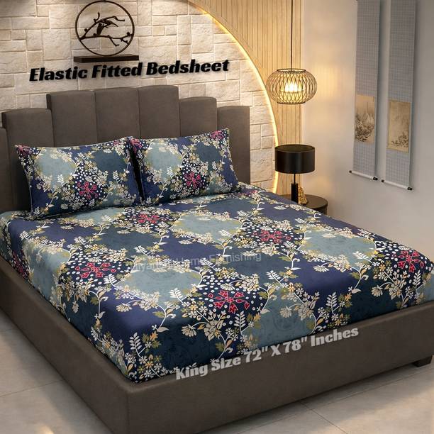 HIYANSHI HOME FURNISHING Cotton King Fitted (Elastic) 250 TC Floral Bedsheet