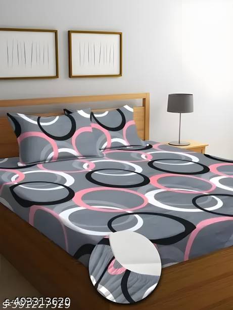 Vrapt Cotton Double Fitted (Elastic) 240 TC Printed 1 Bedsheet with 2 Pillow Covers