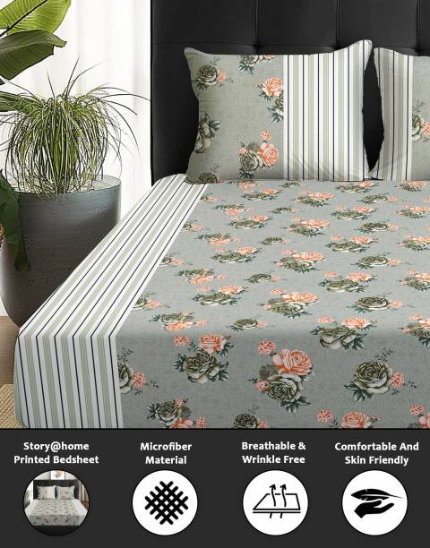 Story@home 180 TC Microfiber Double Floral Flat Bedsheet