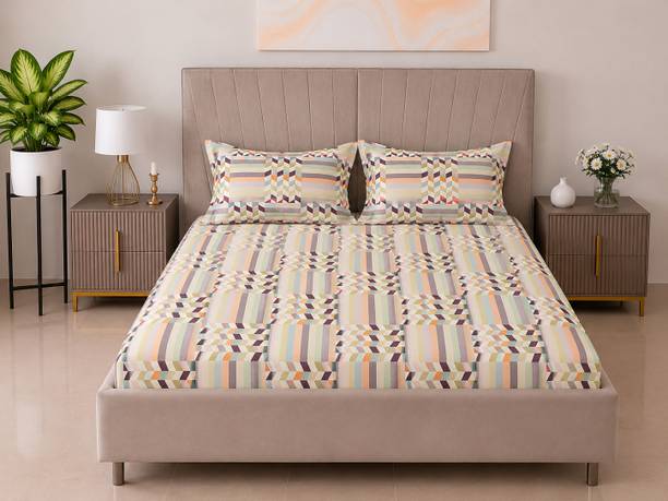 Bombay Dyeing Cotton Double Flat 144 TC Striped 1 Bedsheet with 2 Pillow Covers