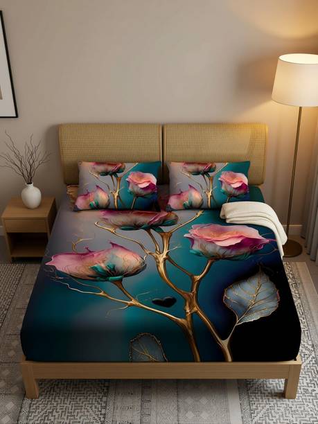 Home Sazawat Polycotton King Flat 390 TC Printed 1 Summer Bedsheet with 2 Pillow Covers