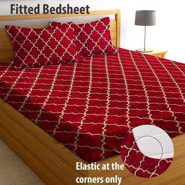 RisingStar Cotton King Fitted (Elastic) 250 TC Printed 1 Bedsheet with 2 Pillow Covers