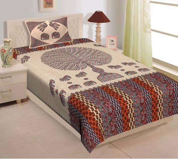 KAANY FAB 144 TC Cotton Single Jaipuri Prints Flat Bedsheet