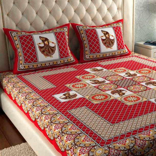 Leo Creation 144 TC Cotton Double Jaipuri Prints Flat Bedsheet