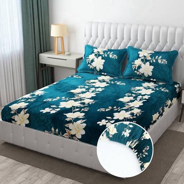 EXFAB Woolen King Fitted (Elastic) 354 TC Printed Bedsheet