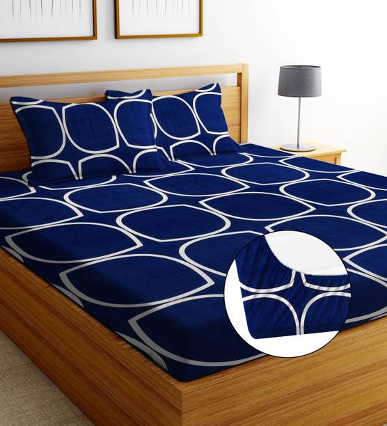 EXFAB Cotton King Fitted (Elastic) 244 TC Printed 1 Summer Bedsheet with 2 Pillow Covers