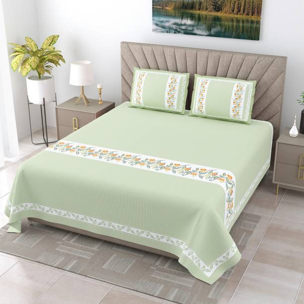 JAIPUR FABRIC Cotton Super King Flat 240 TC Printed 1 Summer Bedsheet with 2 Pillow Covers