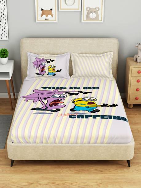 SPACES Cotton Double Flat 132 TC Cartoon 1 Bedsheet with 2 Pillow Covers